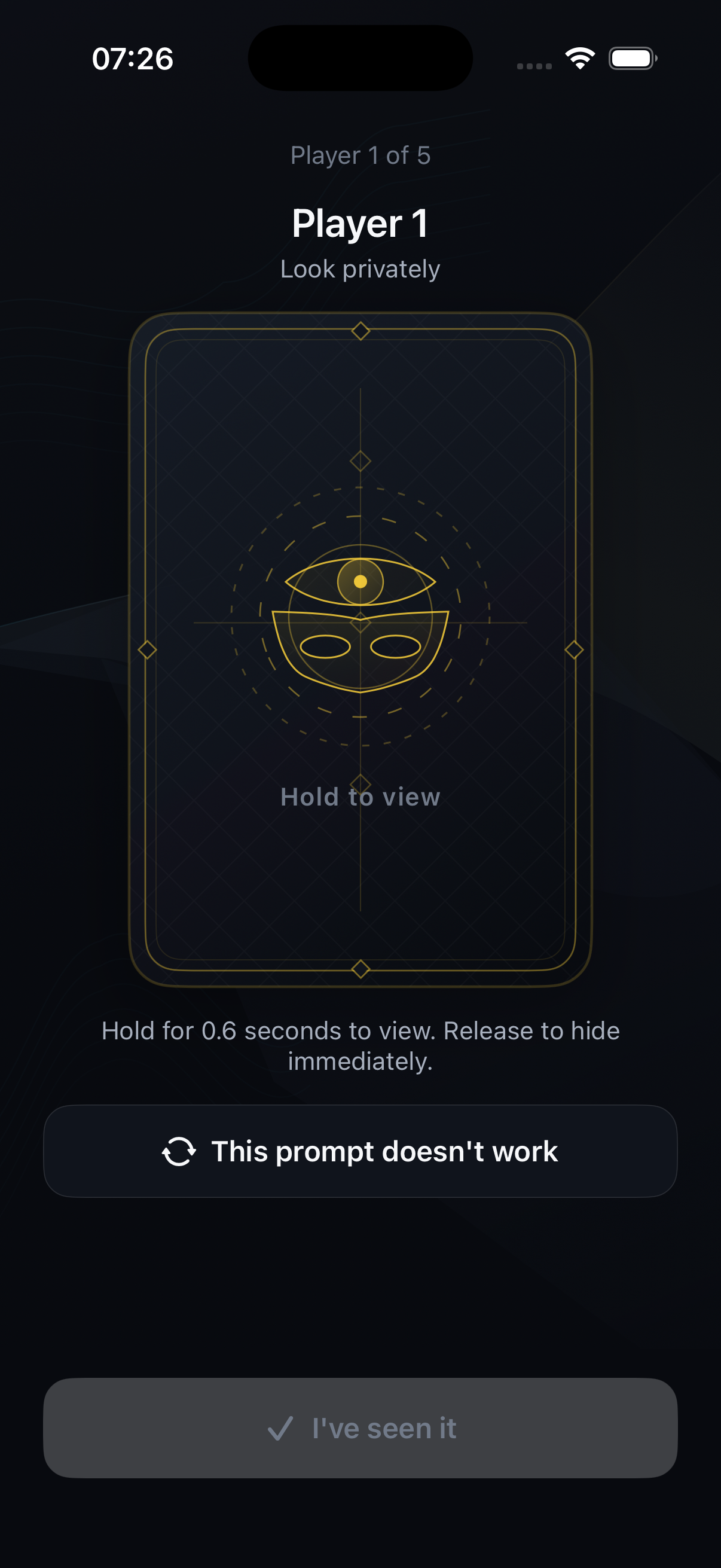 Actual Hintveil screen: pass the phone to Player 1, then hold to view their secret word.